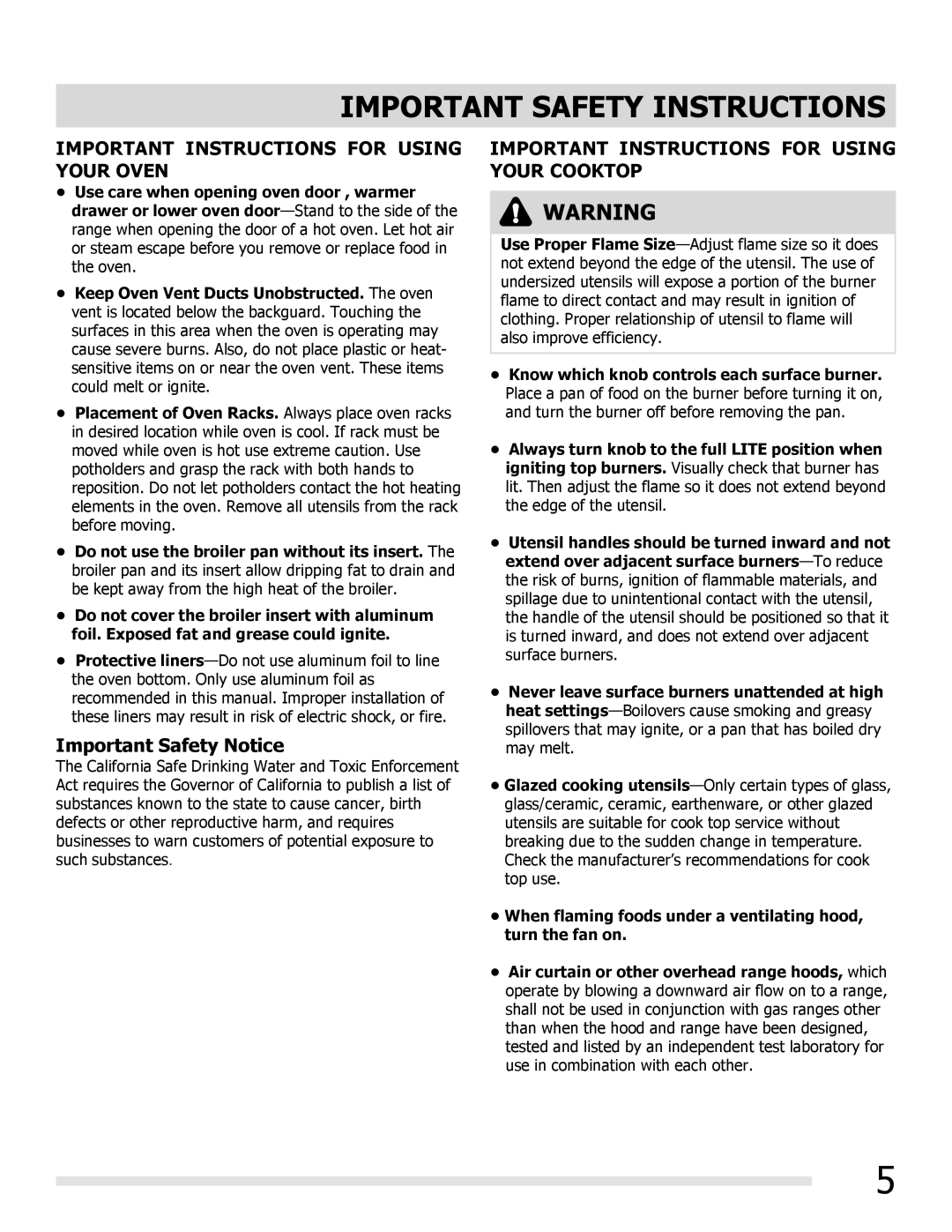 Frigidaire FGGF3032MF, FGGF3032MB, FGGF3032MW manual Important Instructions for Using Your Oven, Important Safety Notice 