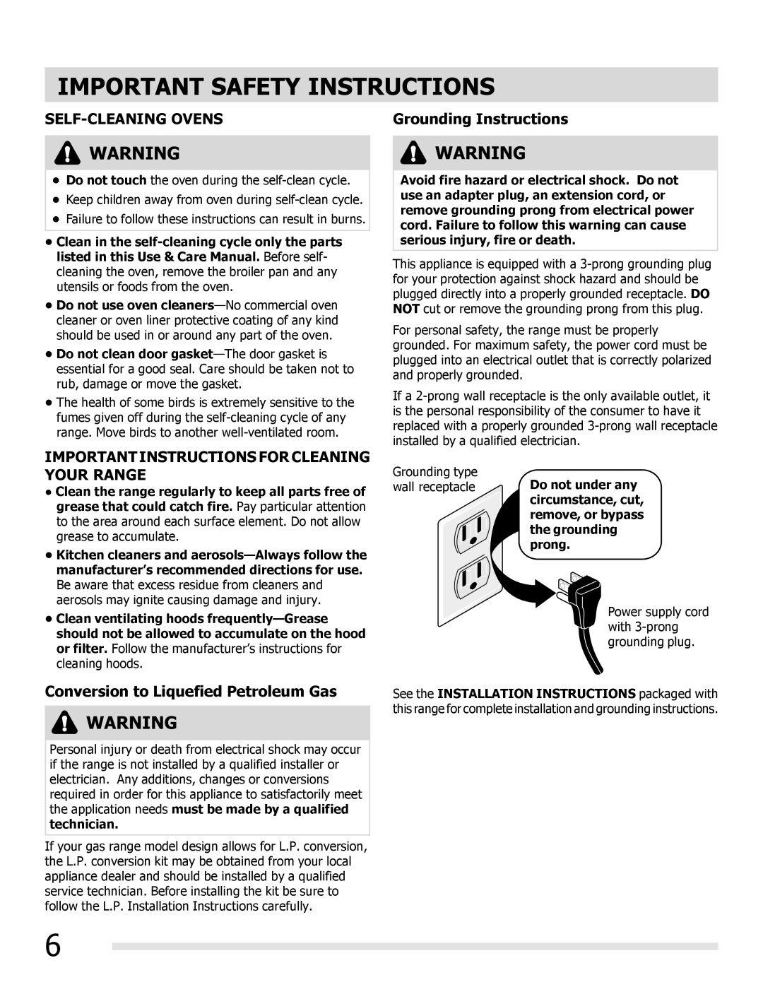 Frigidaire FGGF3032MB, FGGF3032MW, FGGF3032MF manual Grounding Instructions, Conversion to Liquefied Petroleum Gas 