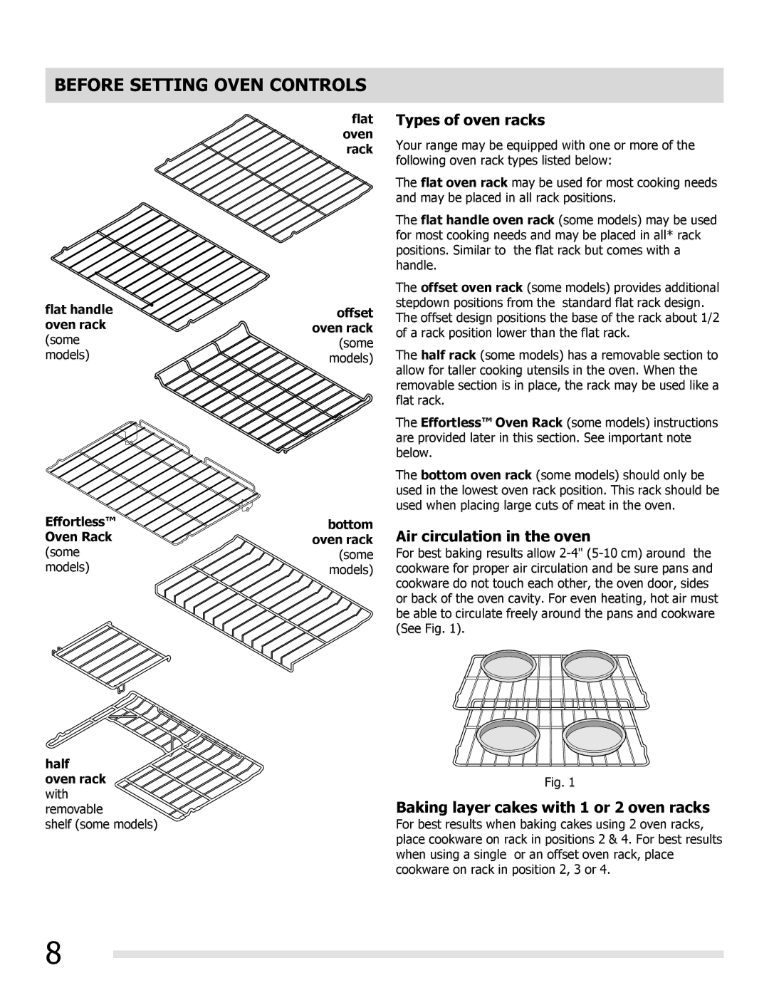 Frigidaire FGGF3032MF manual Types of oven racks, Air circulation in the oven, Baking layer cakes with 1 or 2 oven racks 