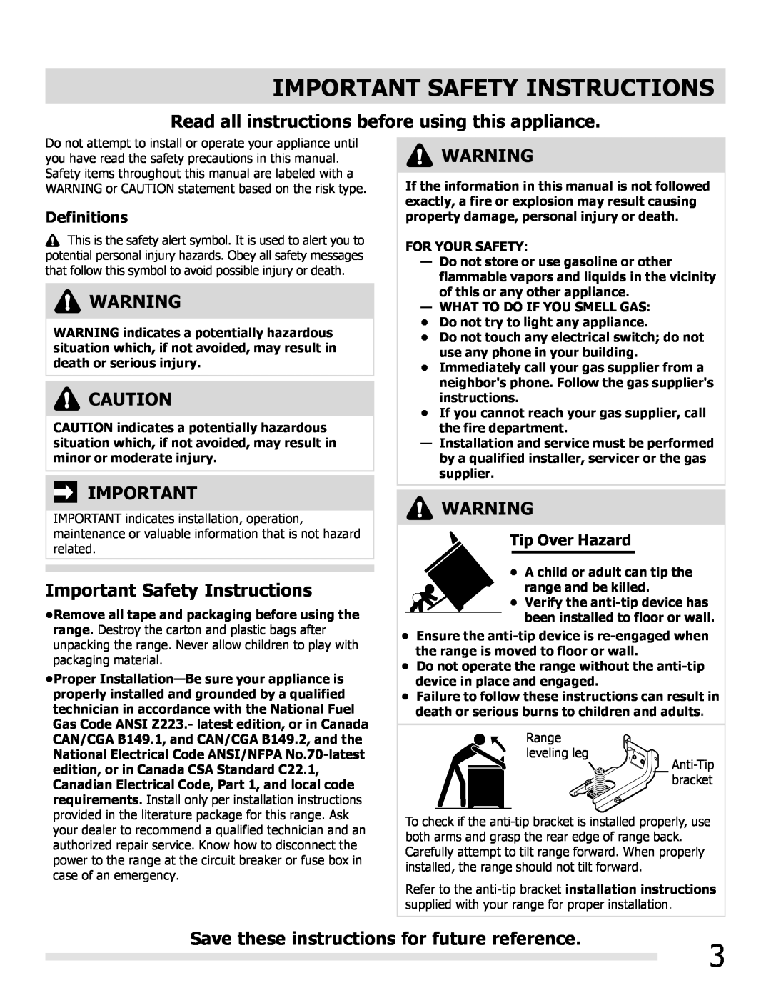 Frigidaire FGGF3032MB manual Important Safety Instructions, Read all instructions before using this appliance, Definitions 