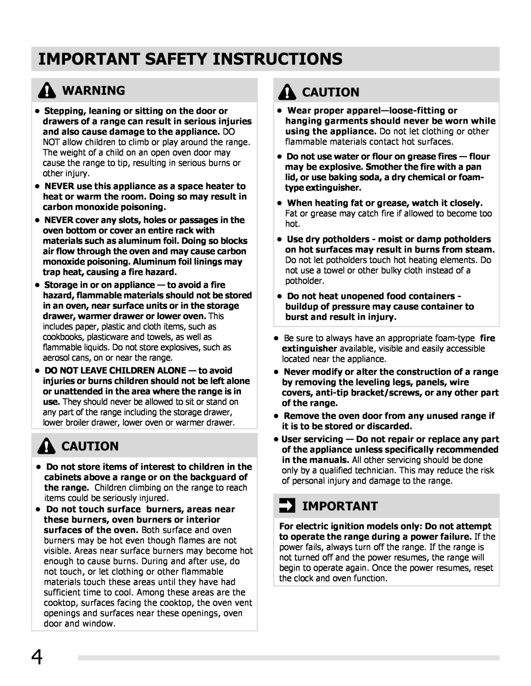 Frigidaire FGGF3032MW, FGGF3032MB, FGGF3032MF manual Important Safety Instructions 
