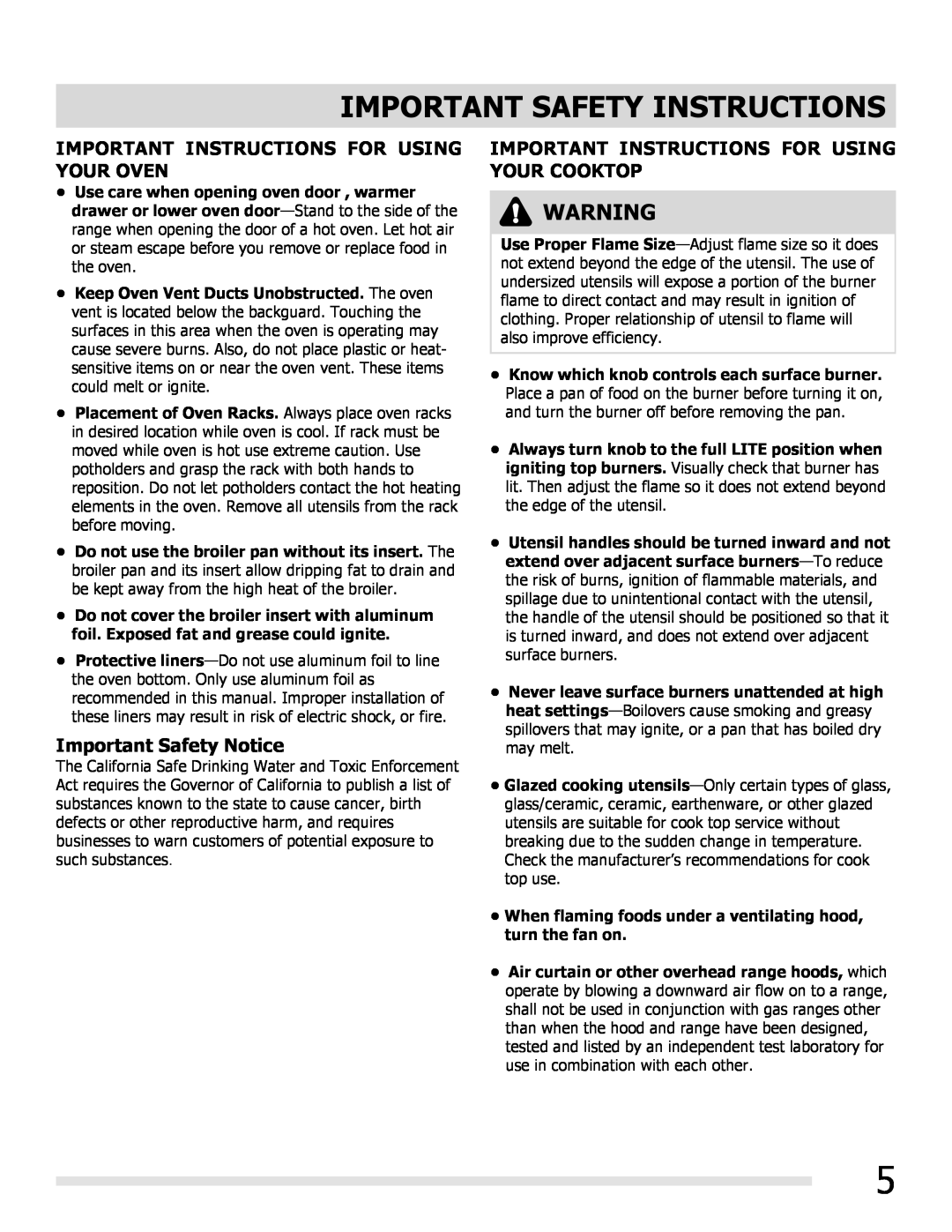 Frigidaire FGGF3032MF Important Instructions For Using Your Oven, Important Safety Notice, Important Safety Instructions 