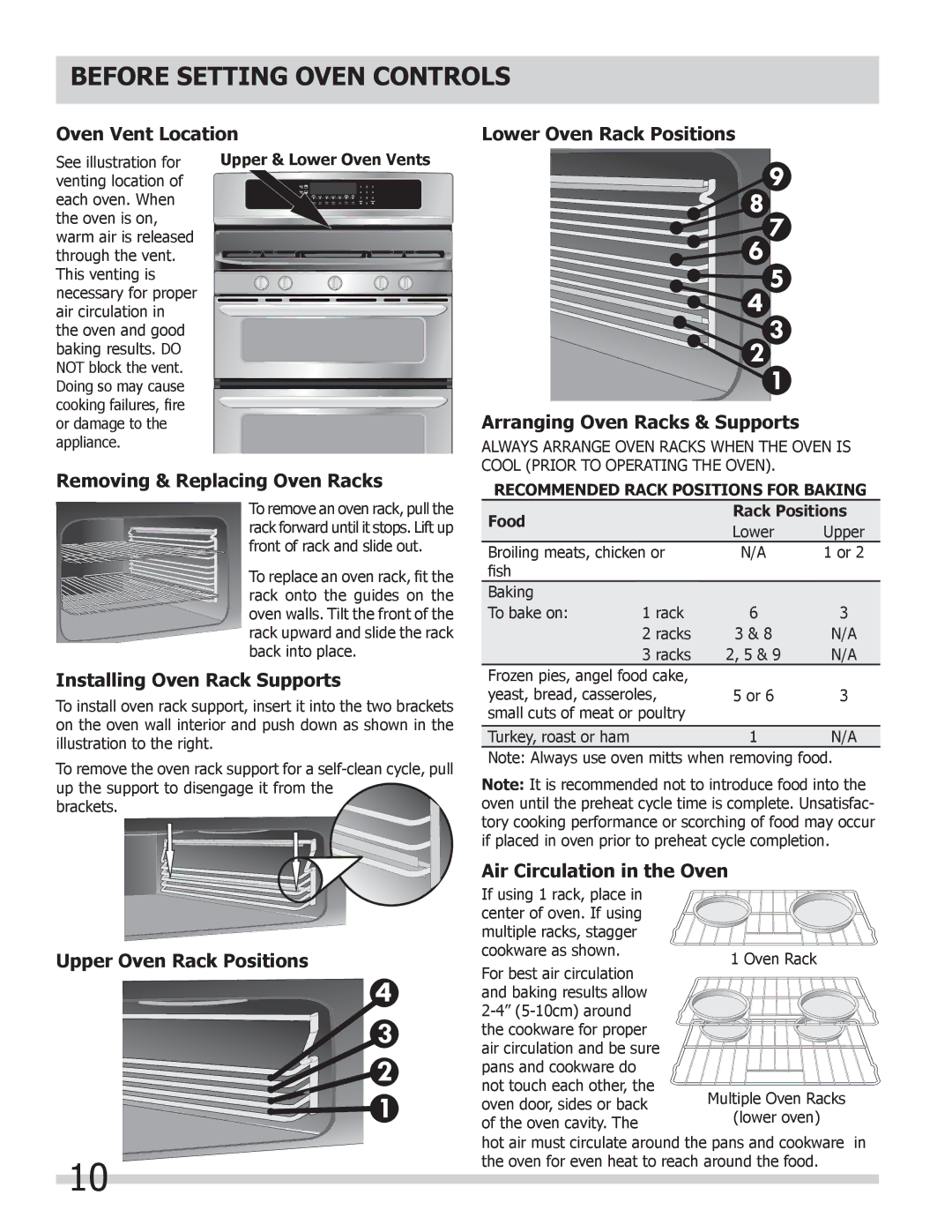 Frigidaire FGGF304DLB, FGGF304DLW Oven Vent Location, Removing & Replacing Oven Racks, Installing Oven Rack Supports 