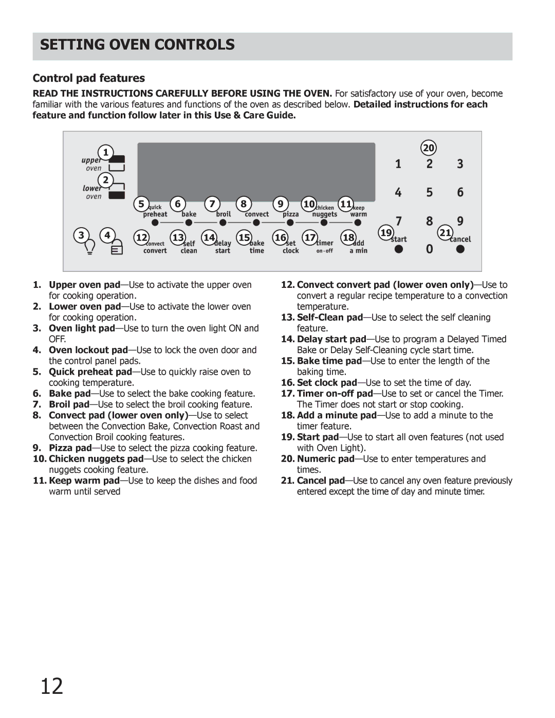 Frigidaire FGGF304DLW, FGGF304DLF, FGGF304DLB, DGGF3032KB Setting Oven controls, Control pad features 