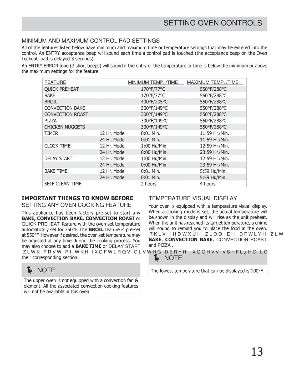 Frigidaire FGGF304DLF, FGGF304DLW, FGGF304DLB Minimum and Maximum Control Pad Settings, Temperature Visual Display 