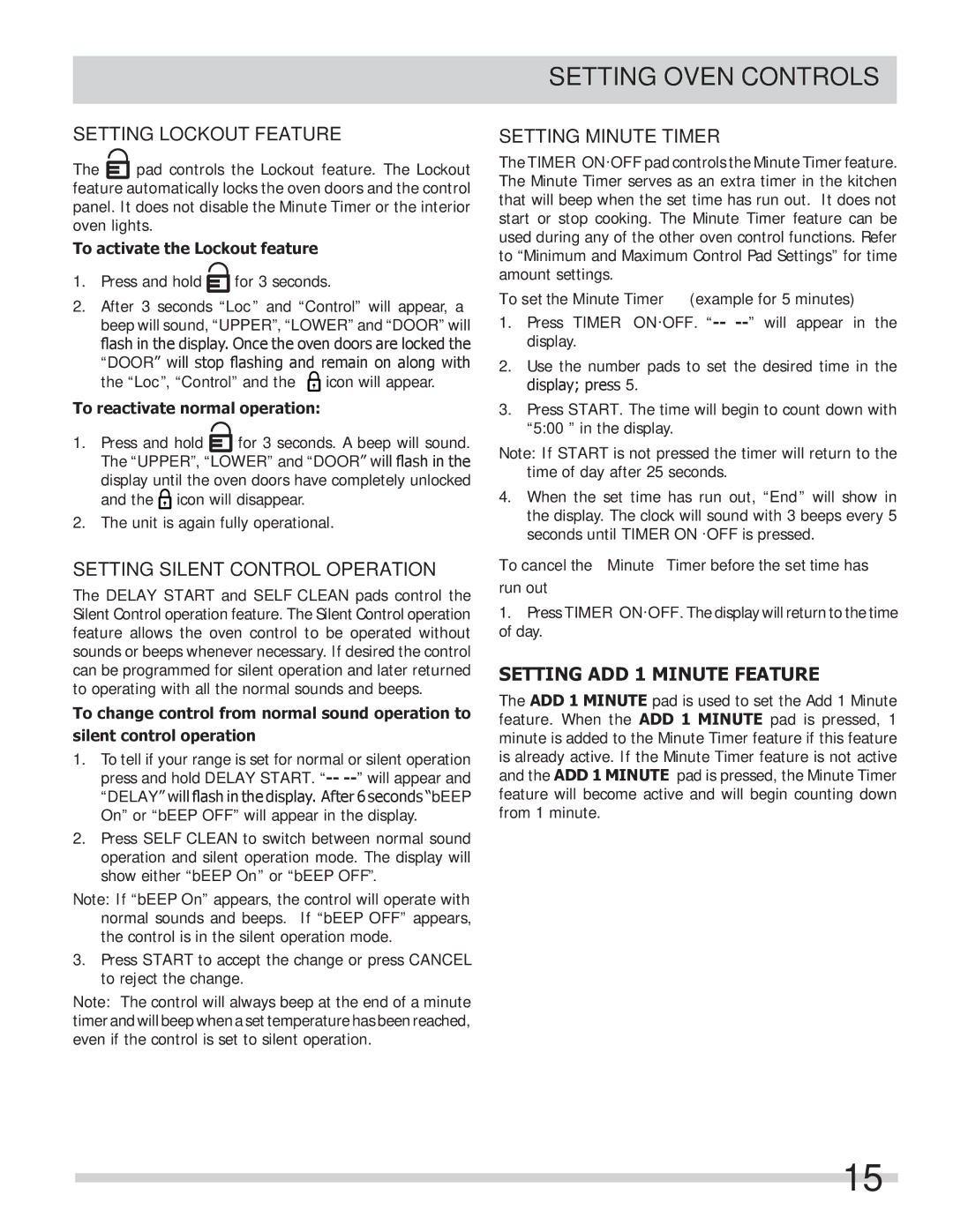 Frigidaire DGGF3032KB, FGGF304DLW Setting Lockout Feature, Setting Silent Control Operation, Setting Minute Timer 