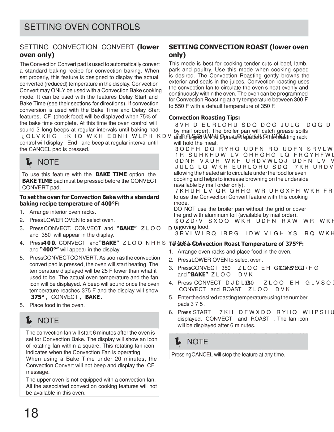 Frigidaire FGGF304DLB, FGGF304DLW Setting Convection Convert lower oven only, Setting Convection Roast lower oven only 