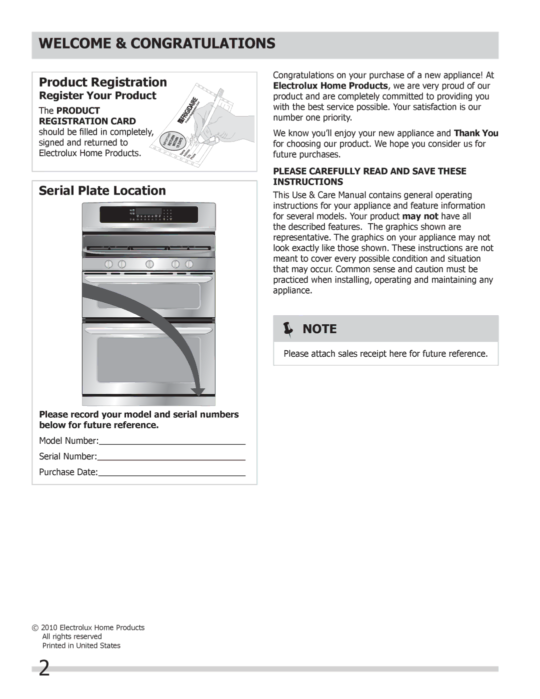 Frigidaire FGGF304DLB Welcome & Congratulations, Register Your Product, Please Carefully read and save these instructions 