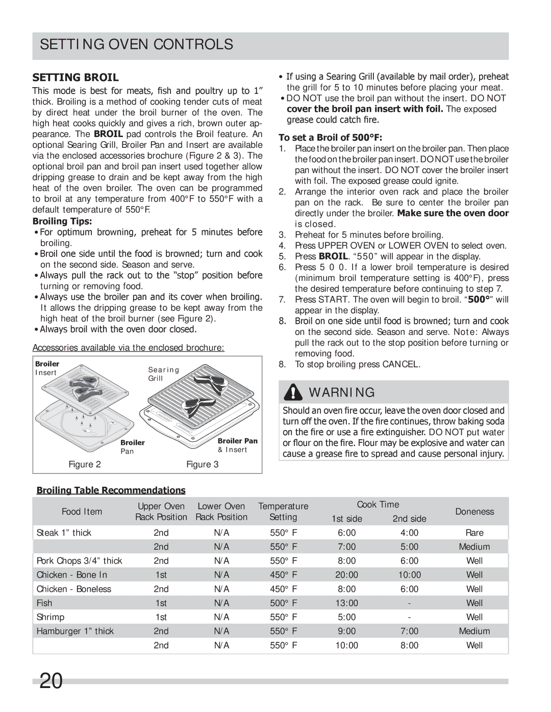 Frigidaire FGGF304DLW, FGGF304DLF Setting Broil, Broiling Tips, To set a Broil of 500F, Broiling Table Recommendations 