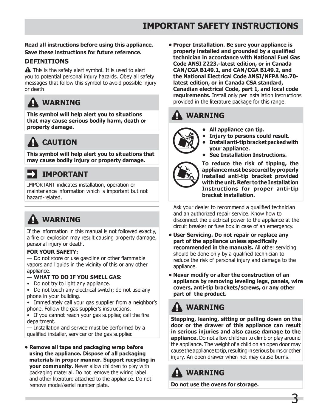 Frigidaire DGGF3032KB, FGGF304DLW Important Safety Instructions, Definitions, For Your Safety, What to do if YOU Smell GAS 