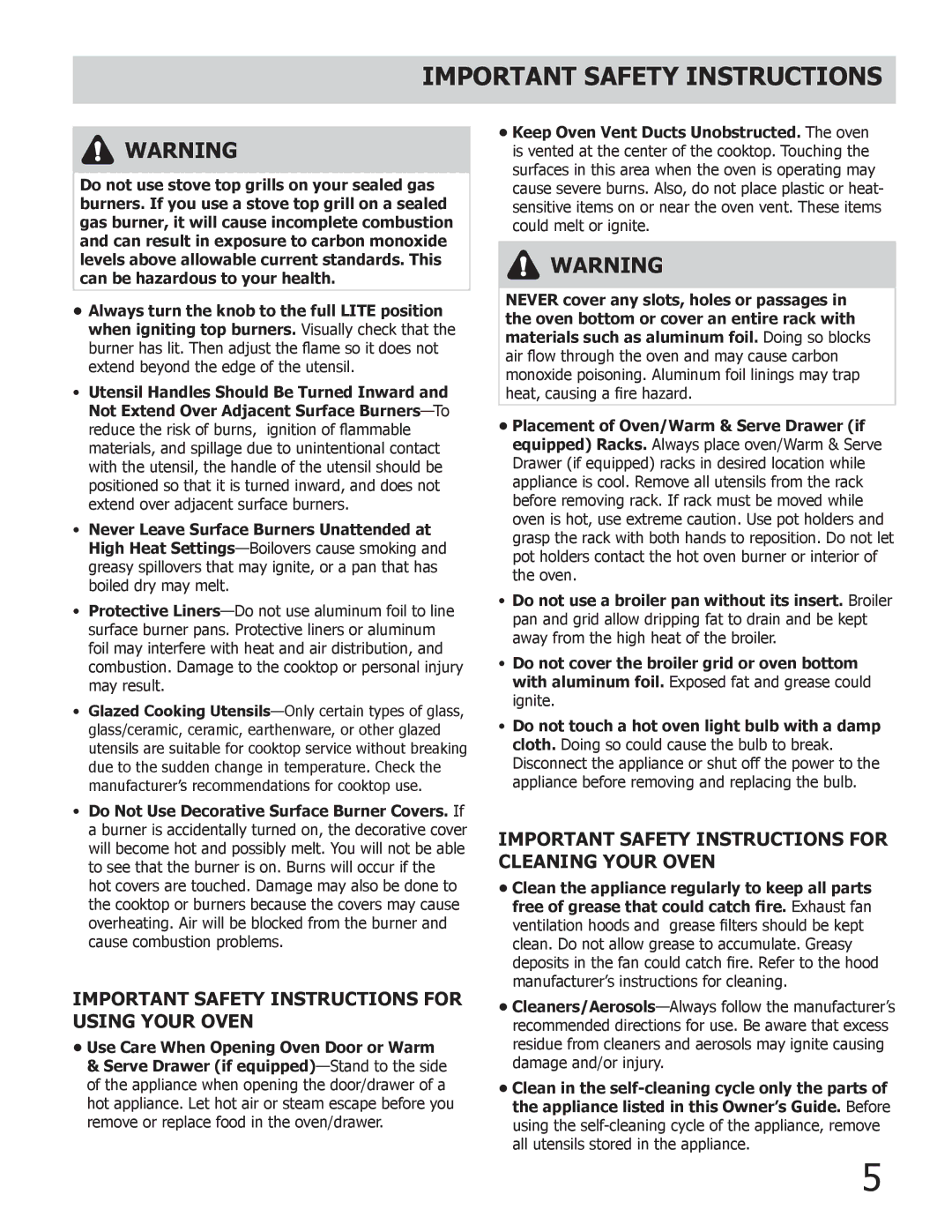 Frigidaire FGGF304DLF, FGGF304DLW, FGGF304DLB, DGGF3032KB Important Safety Instructions for Using Your Oven 