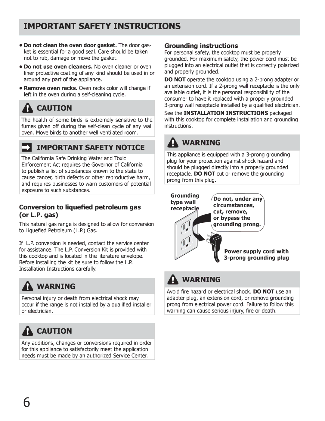 Frigidaire FGGF304DLB, FGGF304DLW, FGGF304DLF Conversion to liquefied petroleum gas or L.P. gas, Grounding instructions 