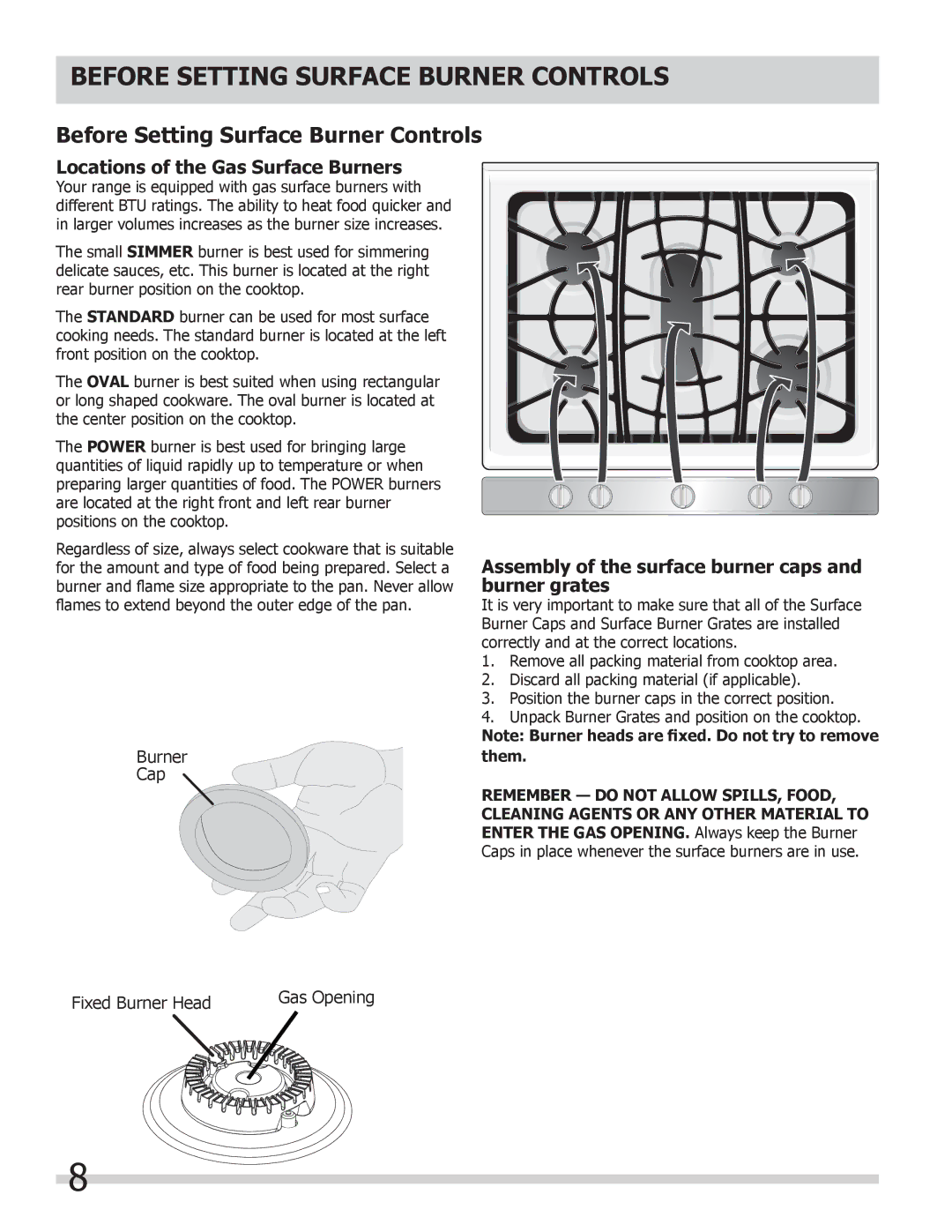 Frigidaire FGGF304DLW, FGGF304DLF, FGGF304DLB Before Setting surface Burner controls, Locations of the Gas Surface Burners 