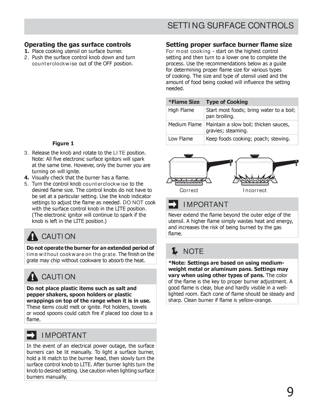 Frigidaire FGGF304DLF, FGGF304DLW Setting surface controls, Operating the gas surface controls, Flame Size Type of Cooking 