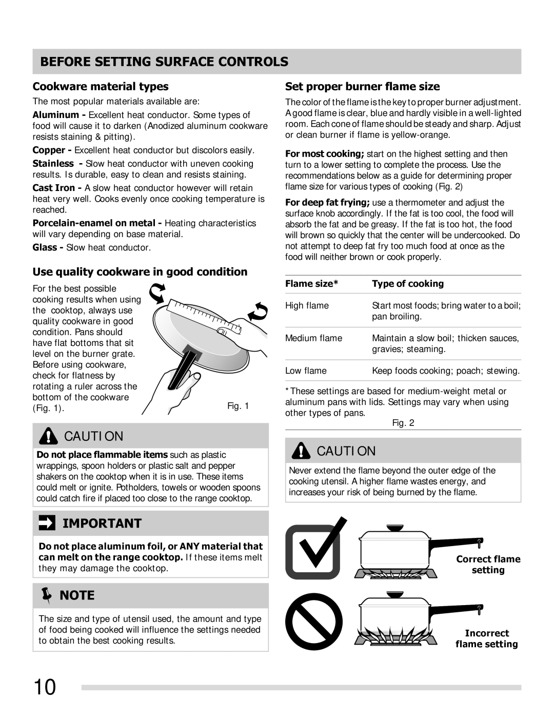 Frigidaire FGGF3054MW, FGGF3054MF Before Setting Surface Controls, Cookware material types, Set proper burner flame size 