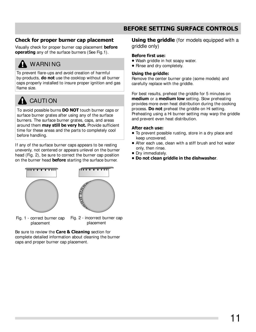 Frigidaire FGGF3054MB Check for proper burner cap placement, Before first use, Using the griddle, After each use 