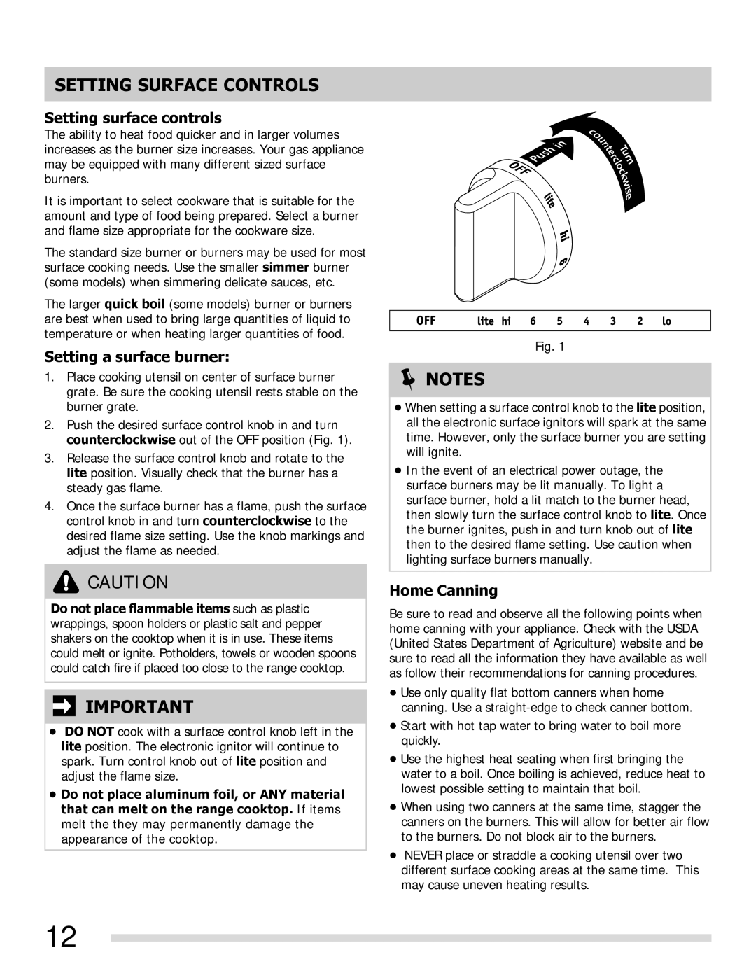 Frigidaire FGGF3054MF Setting Surface Controls, Setting surface controls, Setting a surface burner, Home Canning 