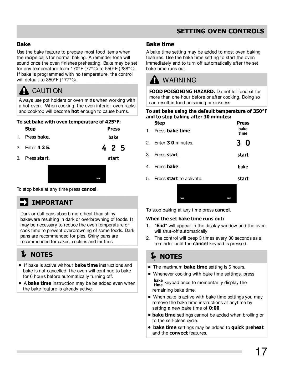 Frigidaire FGGF3054MB Bake time, To set bake with oven temperature of 425F Step Press, When the set bake time runs out 