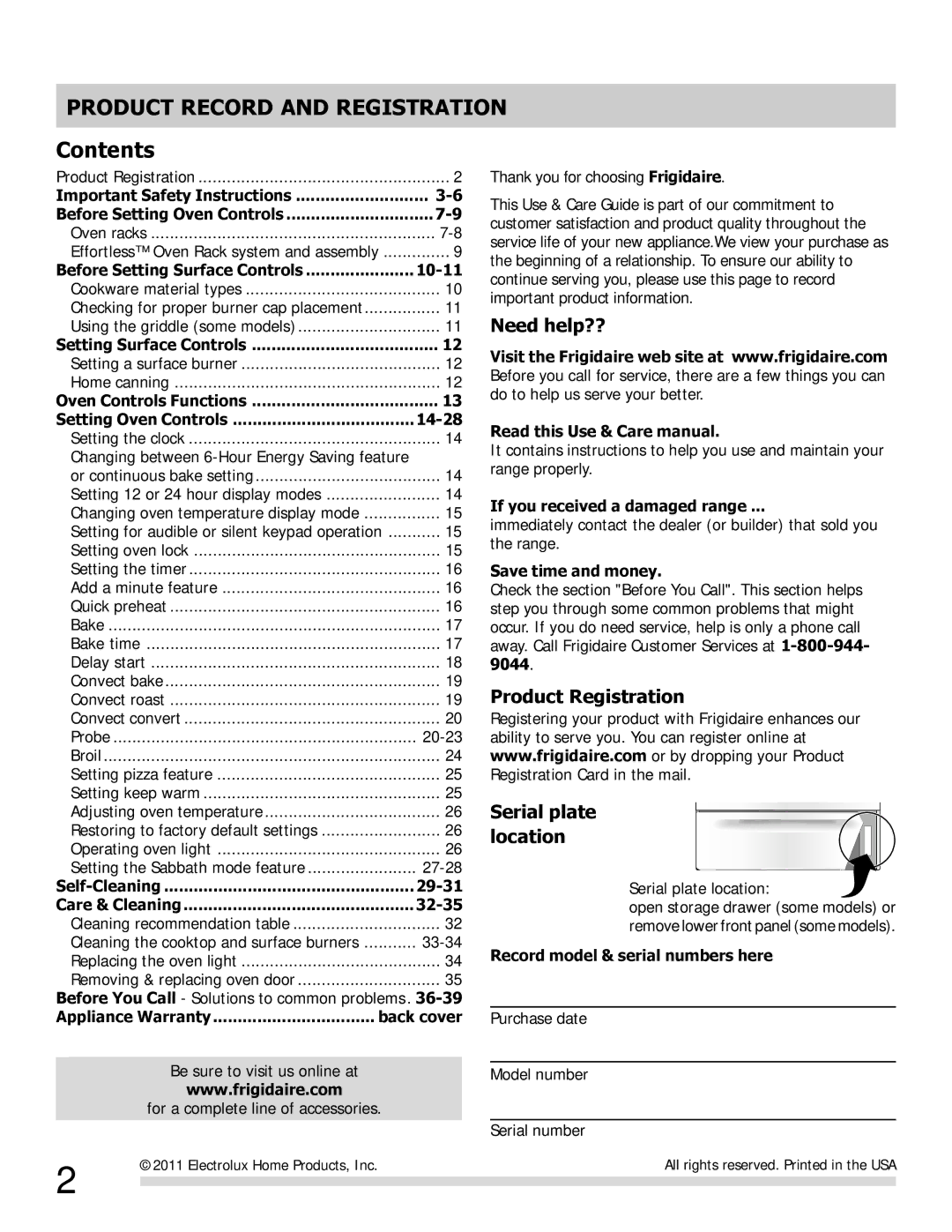 Frigidaire FGGF3054MB, FGGF3054MF, FGGF3054MW important safety instructions Product Record and Registration, Contents 