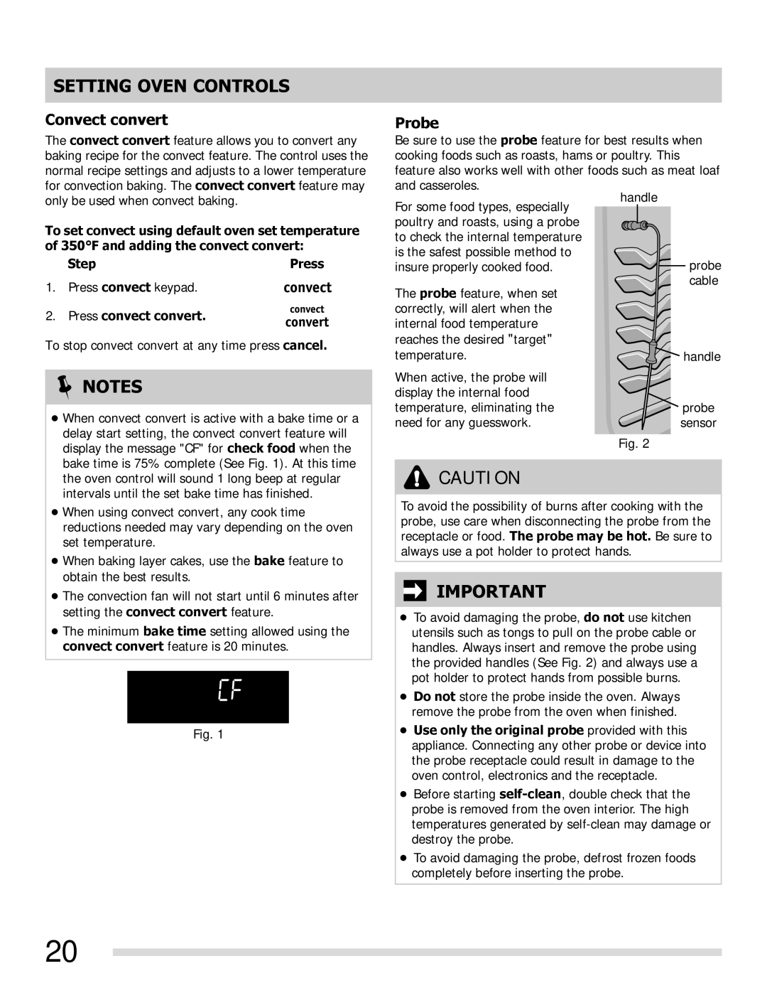 Frigidaire FGGF3054MB, FGGF3054MF, FGGF3054MW important safety instructions Convect convert, Probe, Press convect convert 