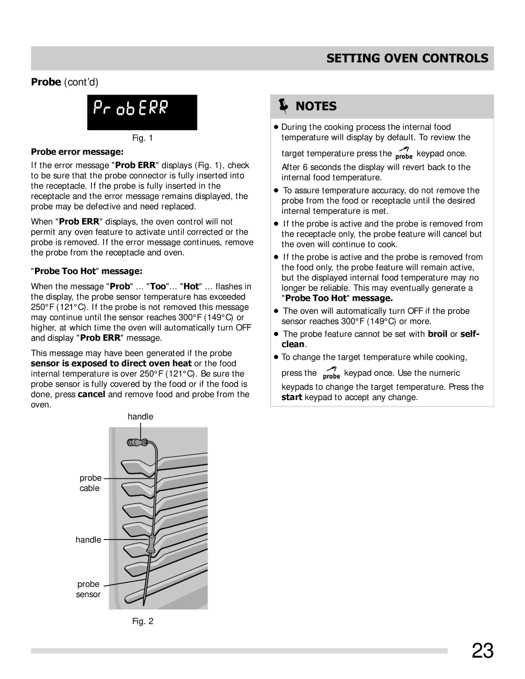 Frigidaire FGGF3054MB, FGGF3054MF, FGGF3054MW important safety instructions Probe error message, Probe Too Hot message 