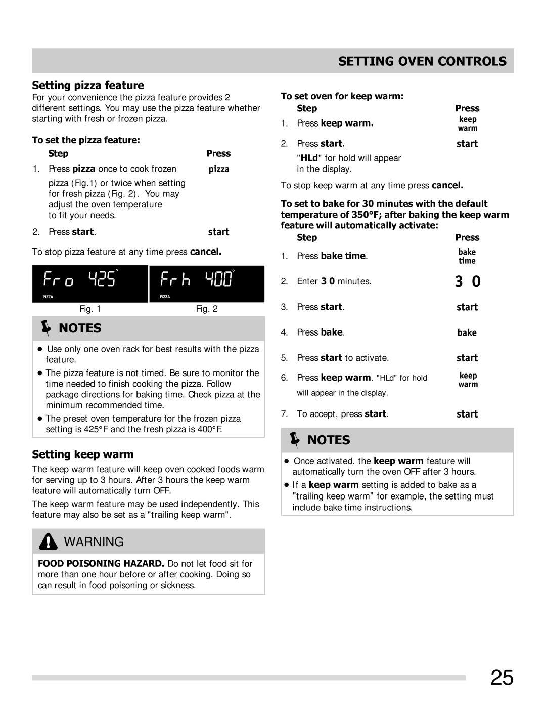 Frigidaire FGGF3054MW, FGGF3054MF, FGGF3054MB Setting pizza feature, Setting keep warm, To set the pizza feature Step Press 