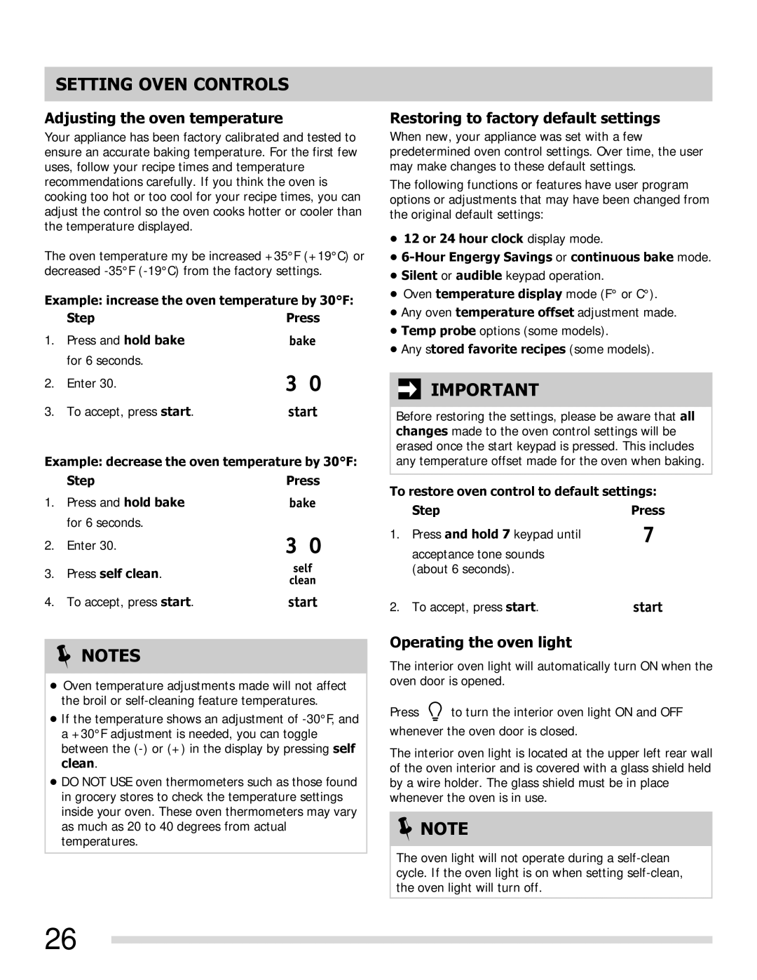 Frigidaire FGGF3054MB Adjusting the oven temperature, Restoring to factory default settings, Operating the oven light 