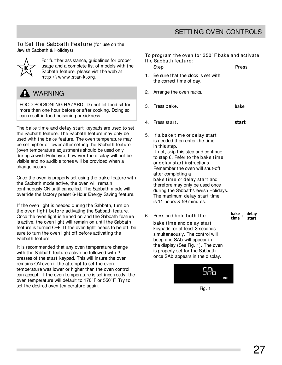 Frigidaire FGGF3054MF, FGGF3054MW, FGGF3054MB important safety instructions To Set the Sabbath Feature for use on 