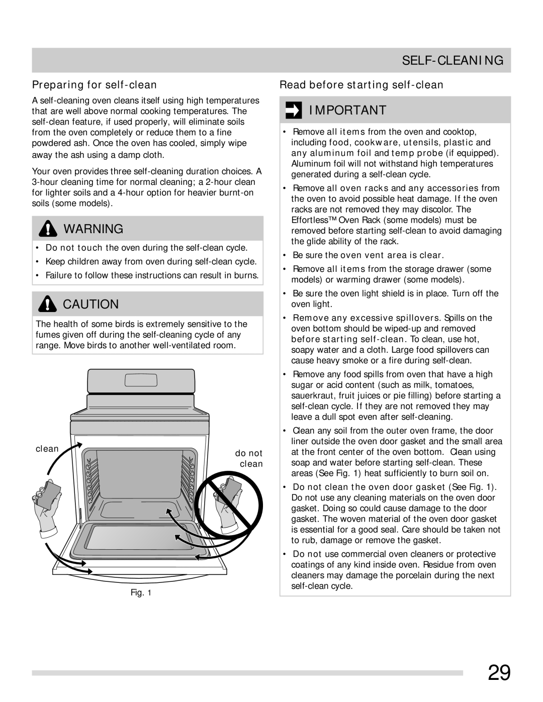 Frigidaire FGGF3054MB, FGGF3054MF Self-Cleaning, Preparing for self-clean, Read before starting self-clean, Clean Do not 