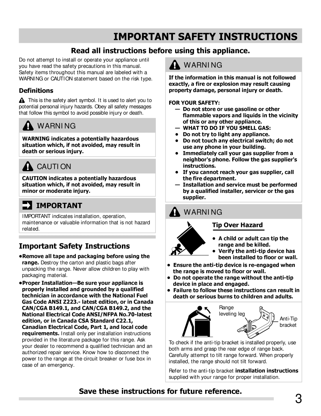 Frigidaire FGGF3054MF, FGGF3054MW, FGGF3054MB important safety instructions Definitions, Tip Over Hazard 