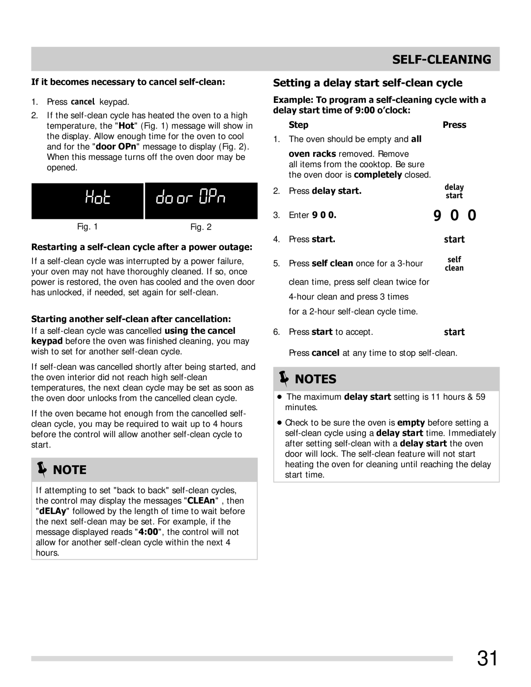 Frigidaire FGGF3054MW, FGGF3054MF Setting a delay start self-clean cycle, If it becomes necessary to cancel self-clean 