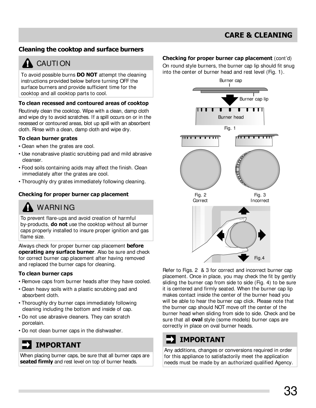 Frigidaire FGGF3054MF, FGGF3054MW, FGGF3054MB important safety instructions Cleaning the cooktop and surface burners 