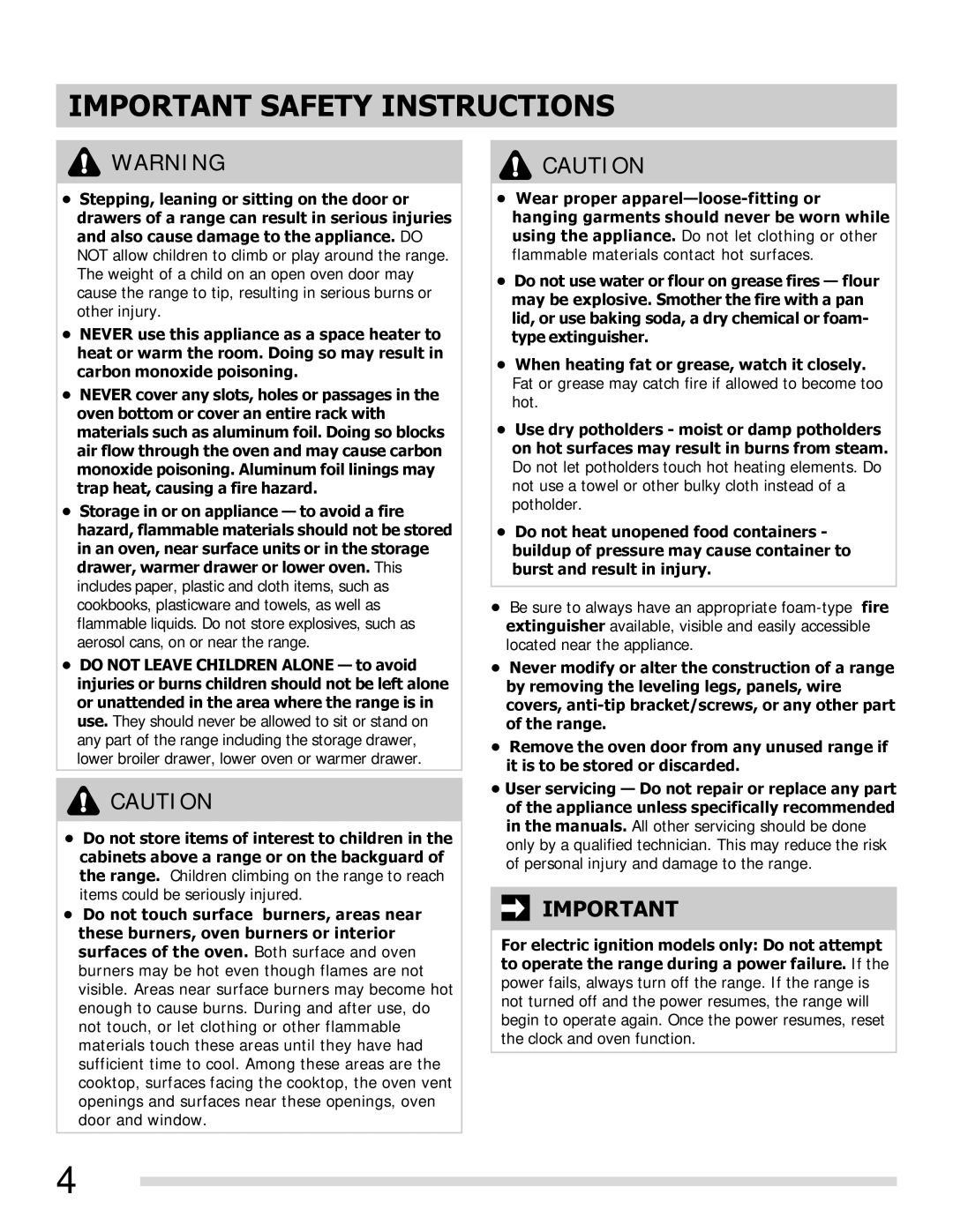 Frigidaire FGGF3054MW, FGGF3054MF, FGGF3054MB important safety instructions Important Safety Instructions 