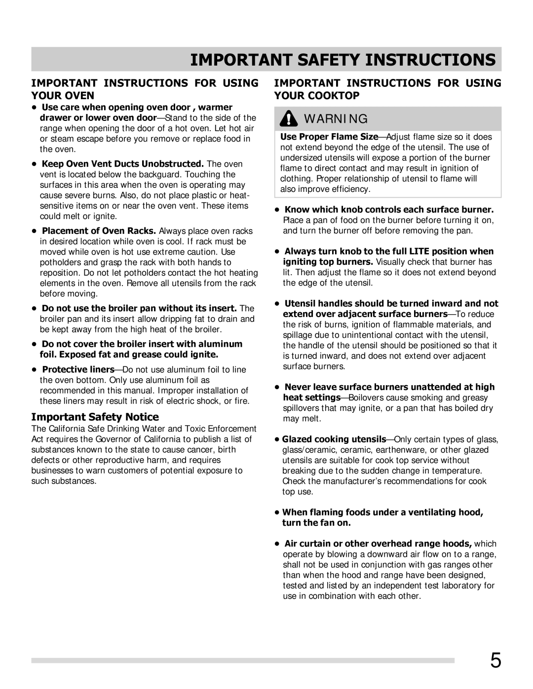 Frigidaire FGGF3054MB, FGGF3054MF, FGGF3054MW Important Instructions for Using Your Oven, Important Safety Notice 