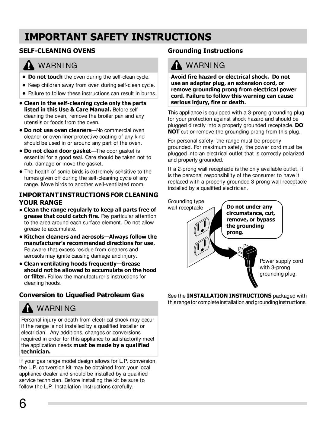 Frigidaire FGGF3054MF, FGGF3054MW, FGGF3054MB Grounding Instructions, Conversion to Liquefied Petroleum Gas 