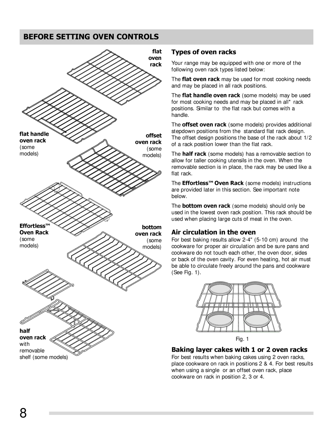 Frigidaire FGGF3054MB Types of oven racks, Air circulation in the oven, Baking layer cakes with 1 or 2 oven racks 