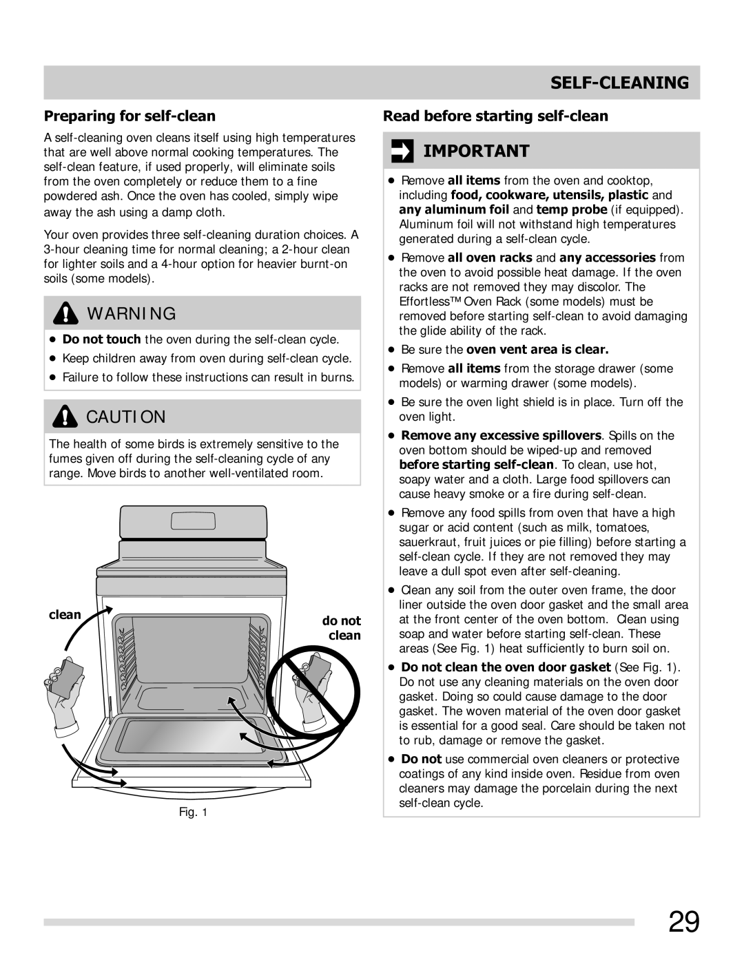 Frigidaire FGGF3054MB, FGGF3054MF, FGGF3054MW Self-Cleaning, Preparing for self-clean, Read before starting self-clean 