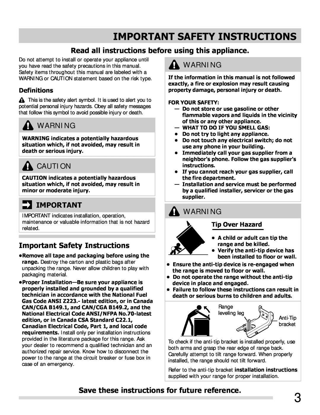Frigidaire FGGF3054MF Important Safety Instructions, Read all instructions before using this appliance, Definitions 