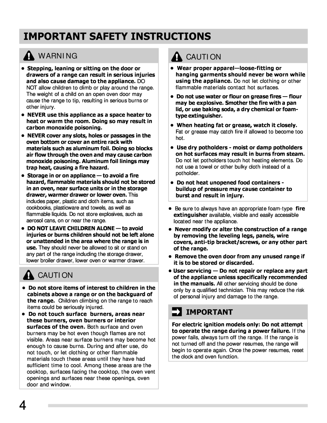Frigidaire FGGF3054MW, FGGF3054MF, FGGF3054MB important safety instructions Important Safety Instructions 