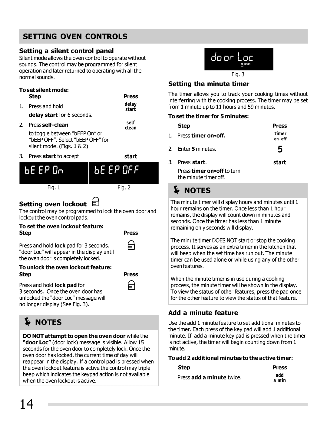 Frigidaire FGGF3056KF Setting a silent control panel, Setting oven lockout, Setting the minute timer, Add a minute feature 