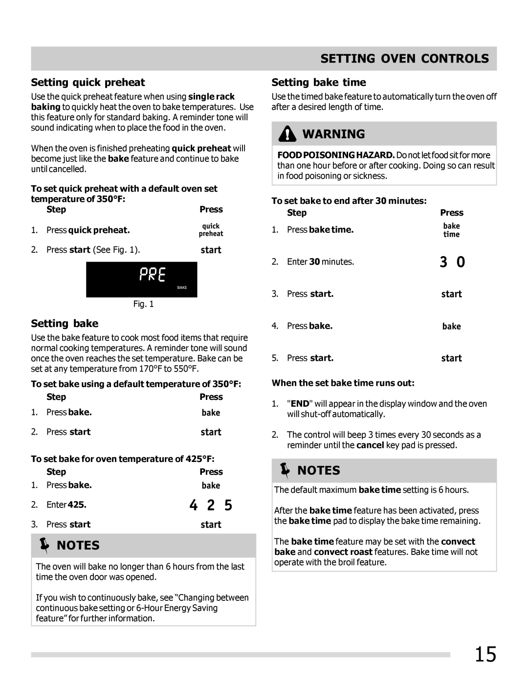 Frigidaire FGGF3056KF Setting quick preheat, Setting bake time, When the set bake time runs out 