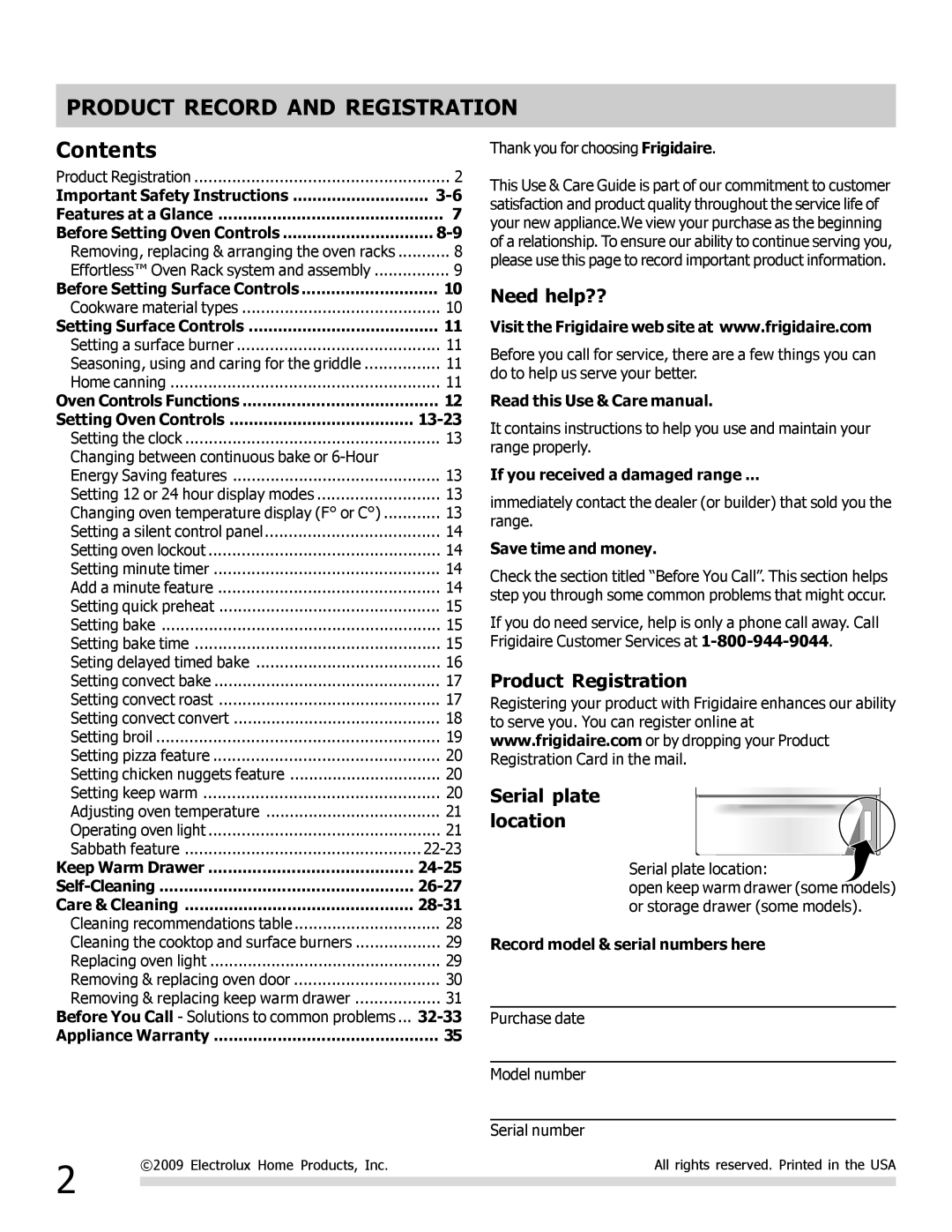 Frigidaire FGGF3056KF important safety instructions Product Record and Registration, Contents 