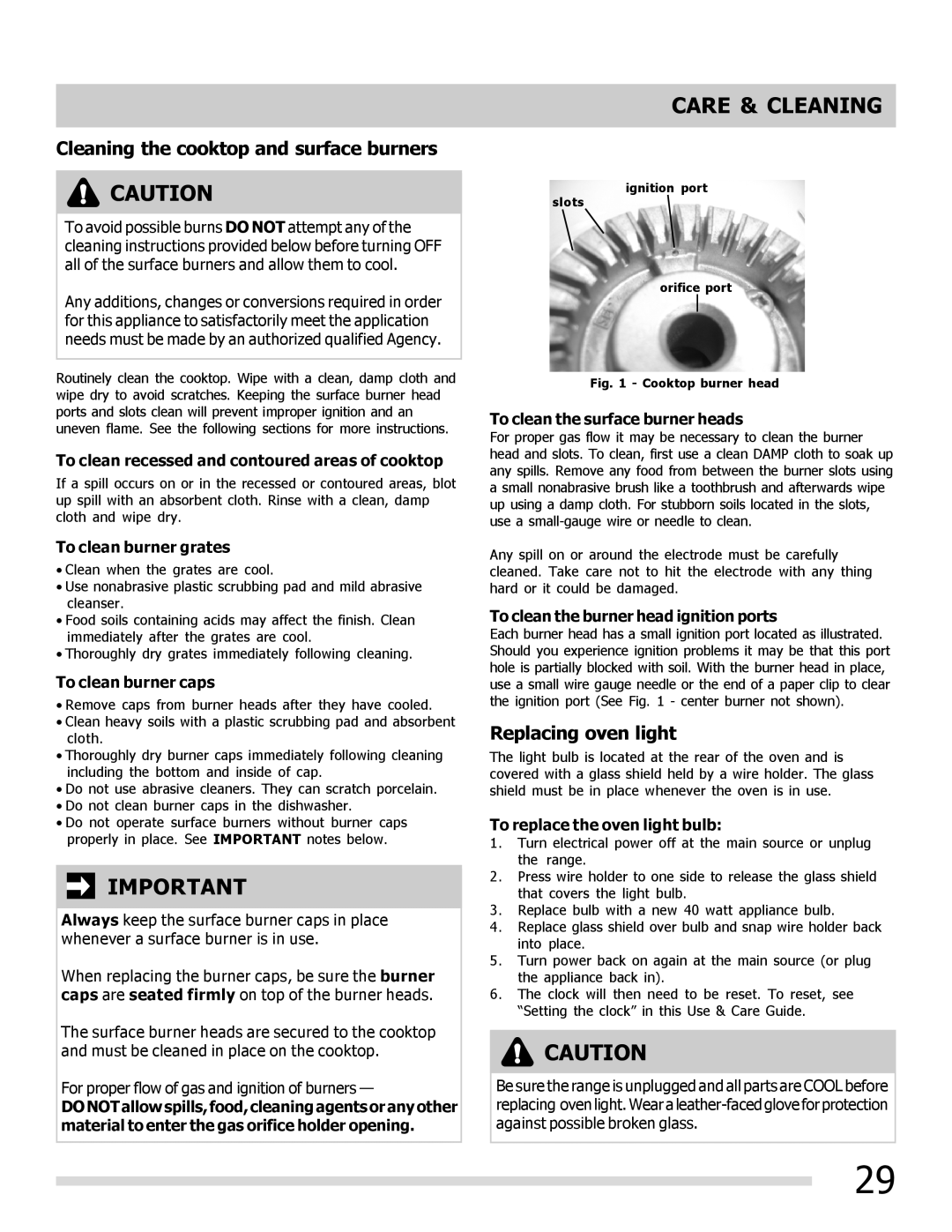 Frigidaire FGGF3056KF important safety instructions Cleaning the cooktop and surface burners, Replacing oven light 