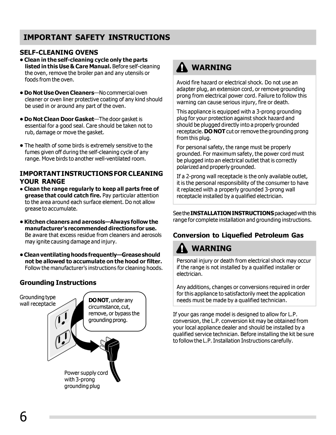 Frigidaire FGGF3056KF important safety instructions Grounding Instructions, Conversion to Liquefied Petroleum Gas 