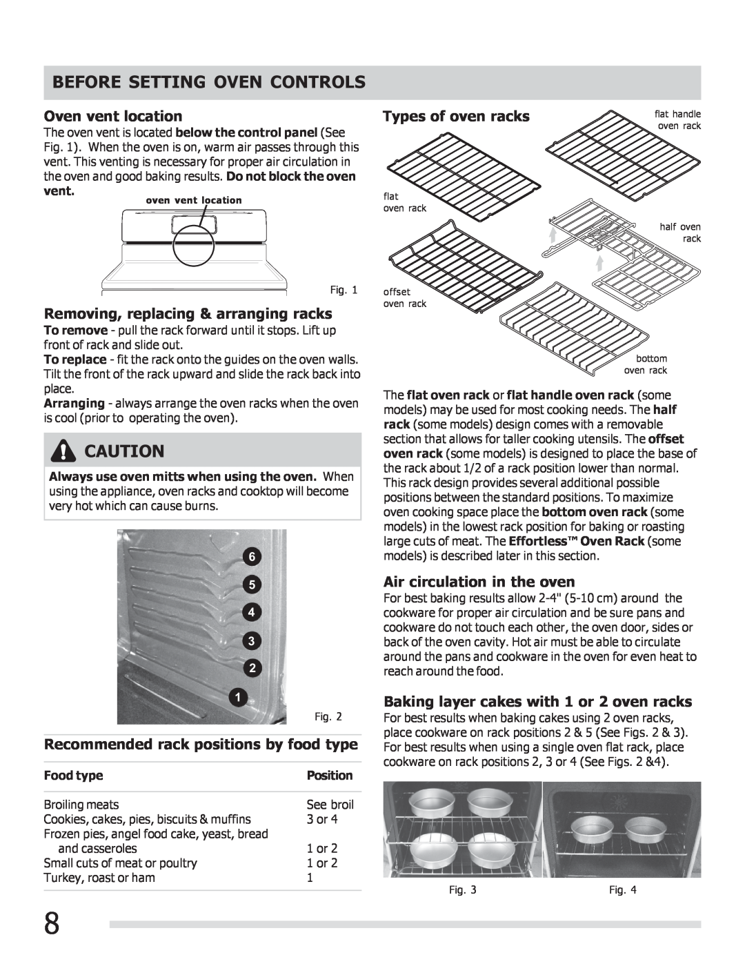 Frigidaire FGGF3056KF Before Setting Oven Controls, Oven vent location, Removing, replacing & arranging racks, 6 5 4 3 2 1 