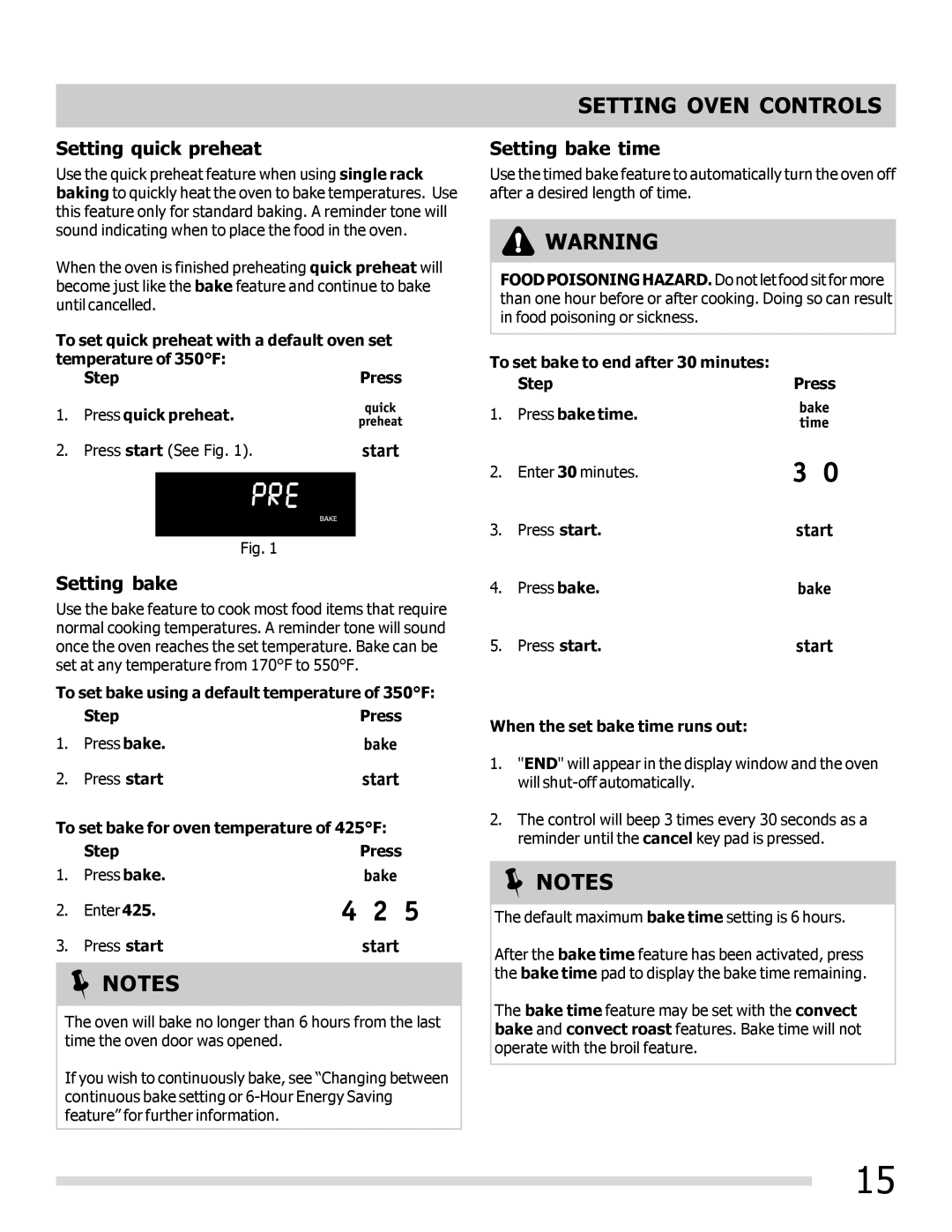 Frigidaire FGGF305MKF Setting quick preheat, Setting bake time, When the set bake time runs out 