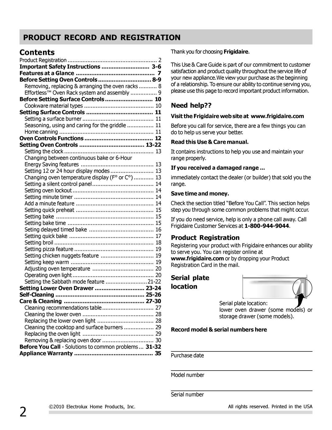 Frigidaire FGGF305MKF important safety instructions Product Record and Registration, Contents 