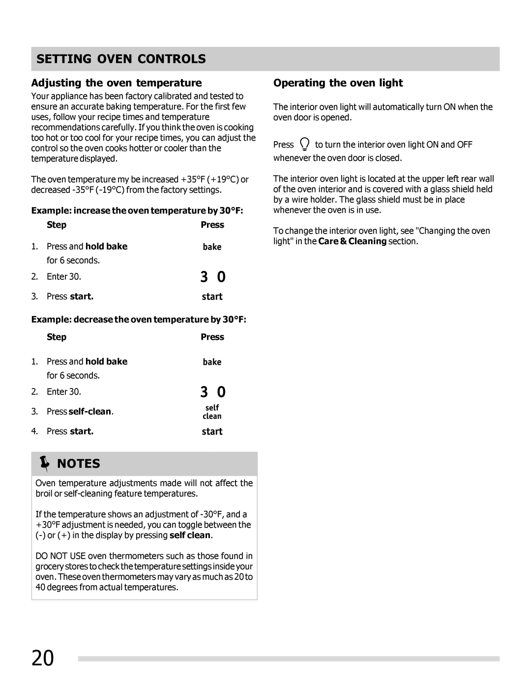 Frigidaire FGGF305MKF important safety instructions Adjusting the oven temperature, Operating the oven light 