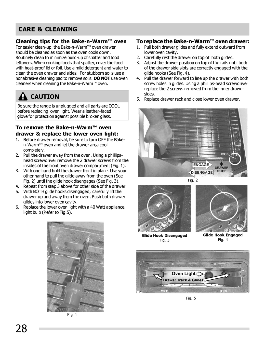 Frigidaire FGGF305MKF Cleaning tips for the Bake-n-Warm oven, To replace the Bake-n-Warm oven drawer 