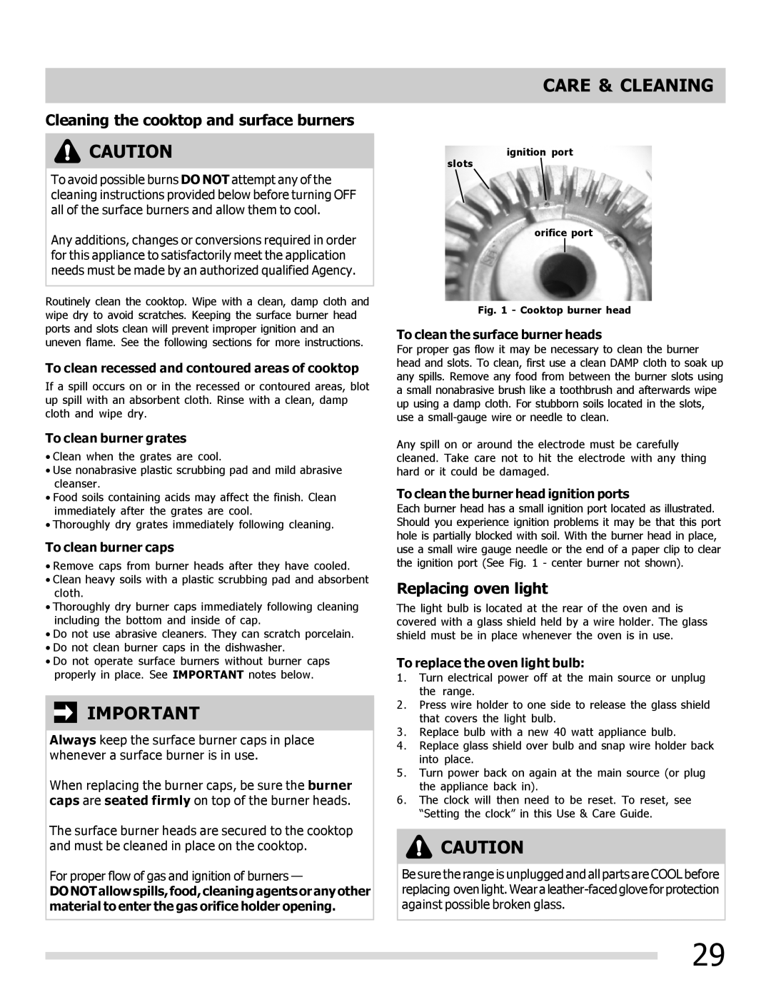 Frigidaire FGGF305MKF important safety instructions Cleaning the cooktop and surface burners, Replacing oven light 